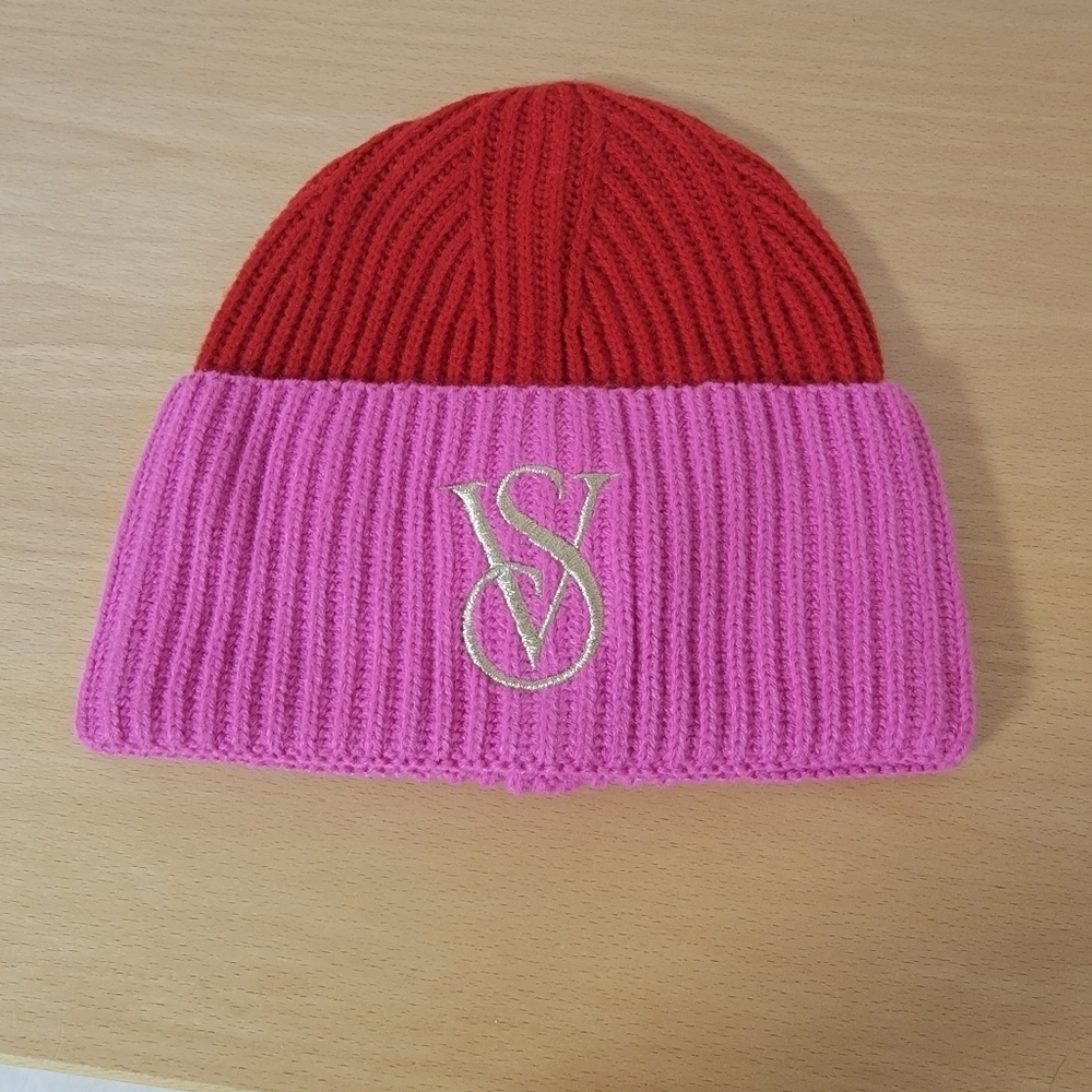 🤍 Victoria's Secret Red and Pink Knit Beanie with Gold Logo